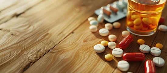 Poster - Wooden table hosting various pills an organizer and a glass of water in close up view with available space for text alongside the image. Creative banner. Copyspace image