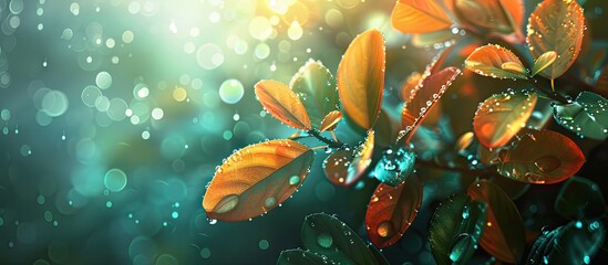 Poster - Dew on vibrant foliage creates a serene copy space image