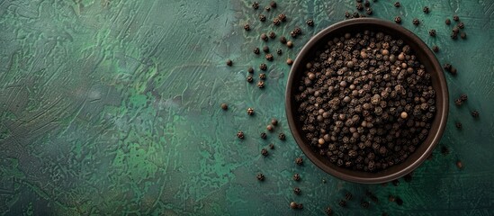 Aufkleber - Top view of a bowl filled with ground black pepper on a green surface with copy space image
