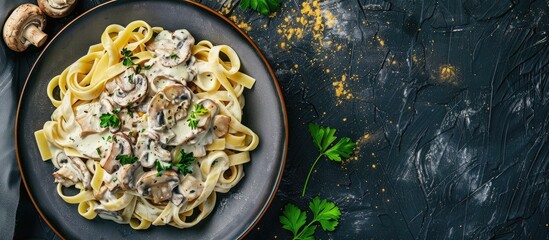 Poster - Top down view of homemade Italian pasta with champignon mushrooms and cream sauce on a rustic dark backdrop with copy space image