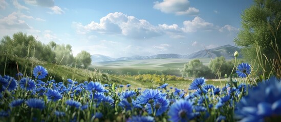 Poster - A rural landscape displaying blooming Cornflowers during the summer season in a scenic setting with copy space image