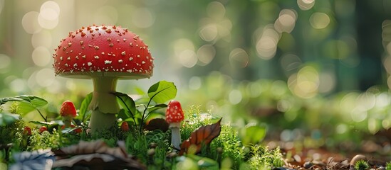 Poster - A high quality image of a small red toadstool mushroom in a forest setting with ample copy space for additional elements