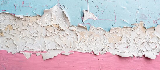 Poster - A textured wooden surface with peeling white paint stands over a pink strip and a light blue wall in the background perfect for copy space image