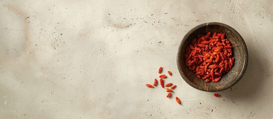 Poster - Top view of a bowl with dried goji berries on a light textured table creating copy space image