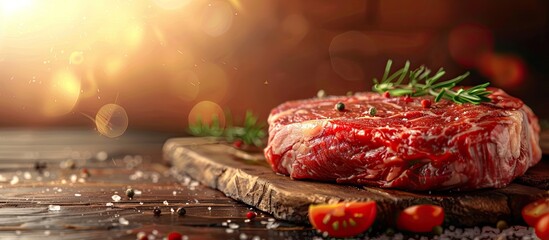 Poster - Uncooked beef steak displayed on a table with available copy space image