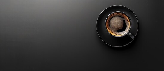 Poster - A black mug filled with coffee stands on a dark backdrop allowing for copy space image