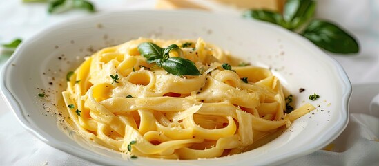 Poster - Fettucine pasta with pumpkin alfredo sauce served on a ceramic plate with a white background ready for your copy space image