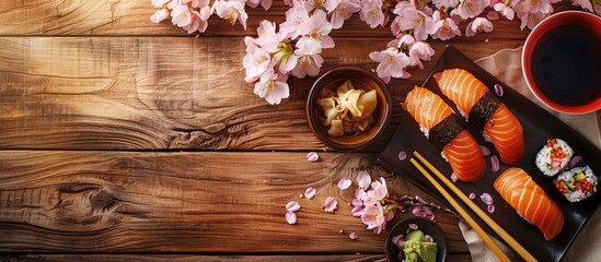 Poster - Japanese food culture highlighted on a table with cherry blossom branch and chopsticks offering enough copy space image