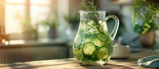 Aufkleber - Close up of a jug with cucumber water and rosemary on a blurred background ready for text placement in the copy space image