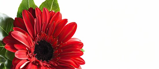 Aufkleber - Close up shot of a red gerbera flower with green leaves in a studio setting featuring a white background to frame the copy space image