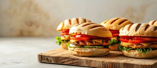 Poster - Grilled vegetable sandwiches displayed on a wooden board against a bright backdrop with copy space image available