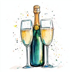 Two champagne flutes filled with bubbly, next to a champagne bottle, on a white background with colorful watercolor splatters.