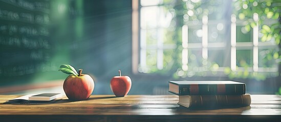 Poster - School desk with copy space image featuring blurred interior bright windows green chalkboard wall Includes books notebooks and apple