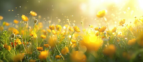 Poster - In the summer vibrant buttercups bloom in a meadow creating a picturesque scene with a copy space image