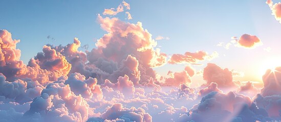 Aufkleber - A dramatic cloudscape featuring clear blue sky with glowing pink and golden cumulus clouds post storm at sunset creates a picturesque panoramic scenery ideal for concept art meteorology and peaceful