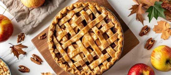 Poster - Close up top view of a homemade golden crust apple cinnamon pie on a wooden cutting board with apples and walnuts on a white table offering copy space for an image