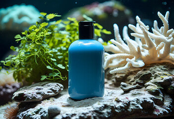 Underwater close-up blue bottle on rock coral, plants natural beauty ocean conservation.