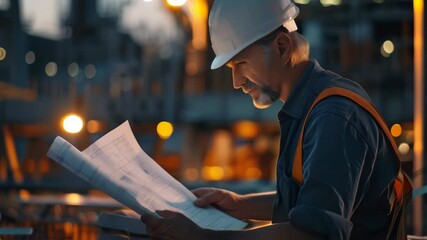 Poster - Engineer reviewing blueprints at a construction site during the evening. Nighttime project planning and site inspection in an industrial environment 