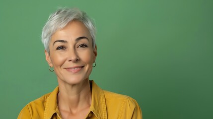 Poster - A smiling woman with short gray hair wearing a yellow shirt against a green background.