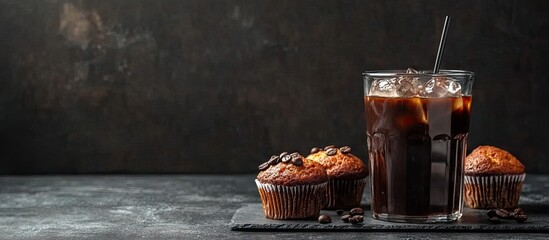 Aufkleber - Iced coffee in a glass container alongside sweet muffins. with copy space image. Place for adding text or design