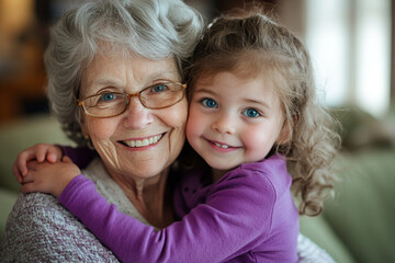 Heartwarming Portrait of a Joyful Grandmother Embracing Her Adorable Granddaughter in a Cozy Home Setting, Celebrating Family Bonds and Generational Love with Warm Smiles and Tender Moments Captured P