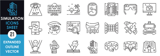 Fototapete - A set of line icons related to Simulation. Simulate, activity, travel, health, book, road, hologram, games, dating, adventure, and so on. Vector outline icons set.