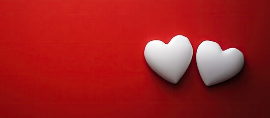 Poster - two white hearts against a red background. with copy space image. Place for adding text or design