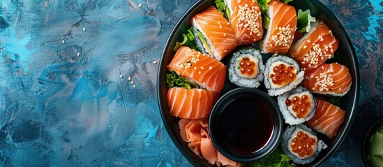 Leinwandbilder - Top view of traditional Japanese cuisine features vibrant and delicious sushi rolls with salmon caviar avocado cream cheese and soy sauce in a black bowl on a blue concrete backdrop with copyspace