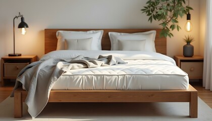 Sticker - Wooden bed with soft white mattress, blanket and pillows in cozy room interior, Living room, bedroom, luxury bed room, wooden bed room  
