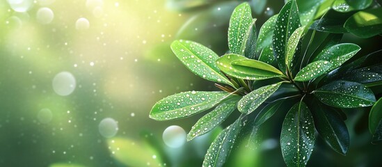 Fototapete - Green frangipani leaves with water droplets set against a blurred background Natural plant landscape ecology wallpaper. with copy space image. Place for adding text or design