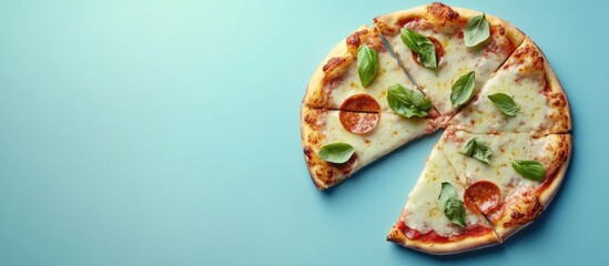 Poster - Pizza margherita Traditional Italian cuisine Italian pizza margarita Picking up a slice of pizza Tasty meal concept Top view flat lay copy space banner