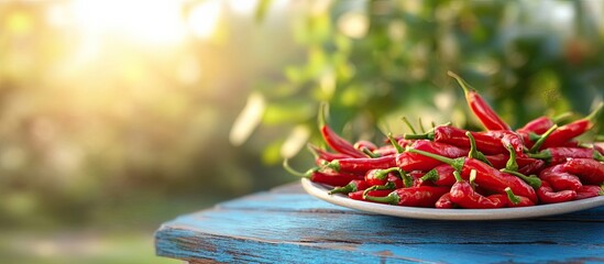 Aufkleber - Decoration of red hot chili peppers on a blue wooden board with a blurred park background Set copy space mockup Cayenne on a white plate
