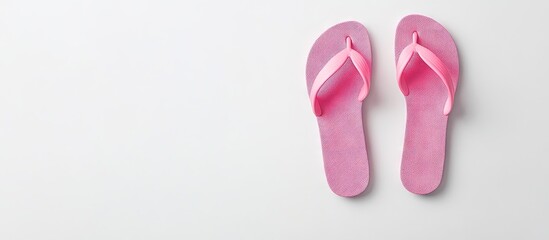 Poster - Chic pink flip flops on a white background top view Area for text. with copy space image. Place for adding text or design