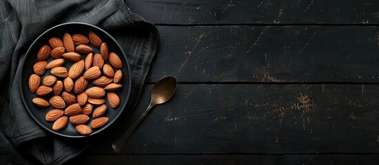 Fototapete - Almonds in a white porcelain bowl with a wooden spoon on a wooden table against a dark black background along with copy space for text