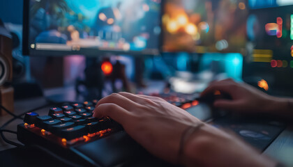 Wall Mural - A person is typing on a keyboard in front of a computer monitor