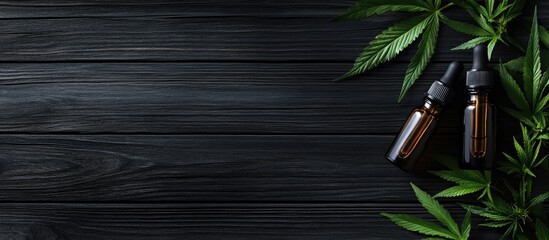 Poster - Cannabis essential oil in a bottle on a black wooden table with a flat lay background featuring copyspace