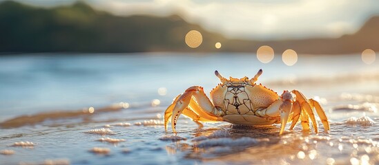 Fototapete - Sea shell crab on the beach background with bokeh on morning ripples. with copy space image. Place for adding text or design