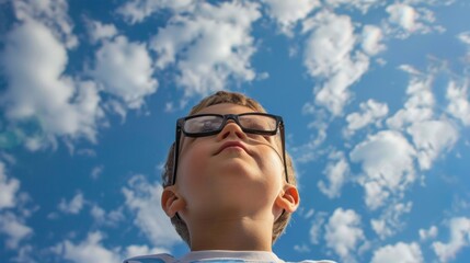 Poster - A young boy wearing glasses is looking up at the sky