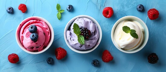 Aufkleber - Healthy summer dessert featuring vanilla and berry frozen yogurt or soft ice cream in white bowls set against a light blue background with copy space