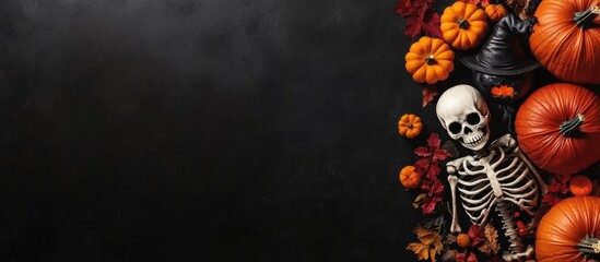 Poster - Preparing for Halloween with pumpkins and adorable Halloween creatures like a skeleton and a witch Black background top view copy space