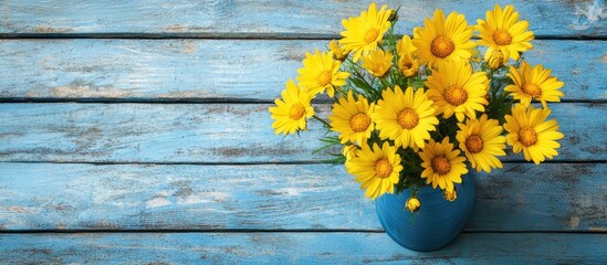 Poster - Yellow daisies in a small vase on a blue wooden table top view copyspace
