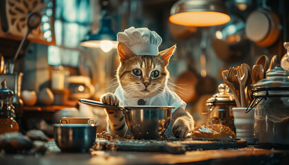 Wall Mural - A cat wearing a chef's hat is cooking in a kitchen