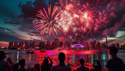 Wall Mural - A city skyline is lit up with fireworks and the water is calm