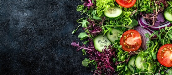 Poster - Healthy salad featuring a mix of greens including microgreens cucumber tomato onion and other ingredients Food background Copy space for text