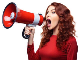 Canvas Print - PNG An attractive young woman using a megaphone shouting white background performance.