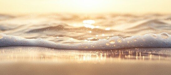 Poster - Summer backdrop of warm sand with sea or ocean wave bubbles featuring copyspace for a card or advertisement at dawn or sunset