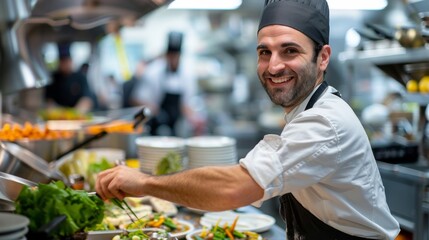 A smiling chef is preparing food in a kitchen