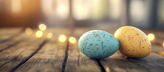 Poster - Easter eggs on a wooden surface. with copy space image. Place for adding text or design