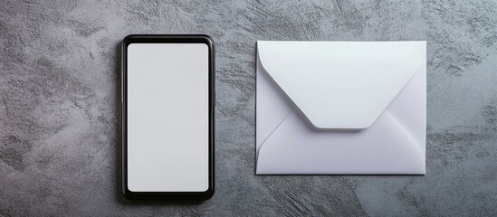 Poster - Top view of a white envelope a blank card and a smartphone with a blank screen all set against a grey background. with copy space image. Place for adding text or design