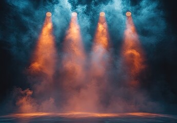 Wall Mural - A dramatic shot of stage lights illuminating smoke, creating an atmosphere of excitement and anticipation.